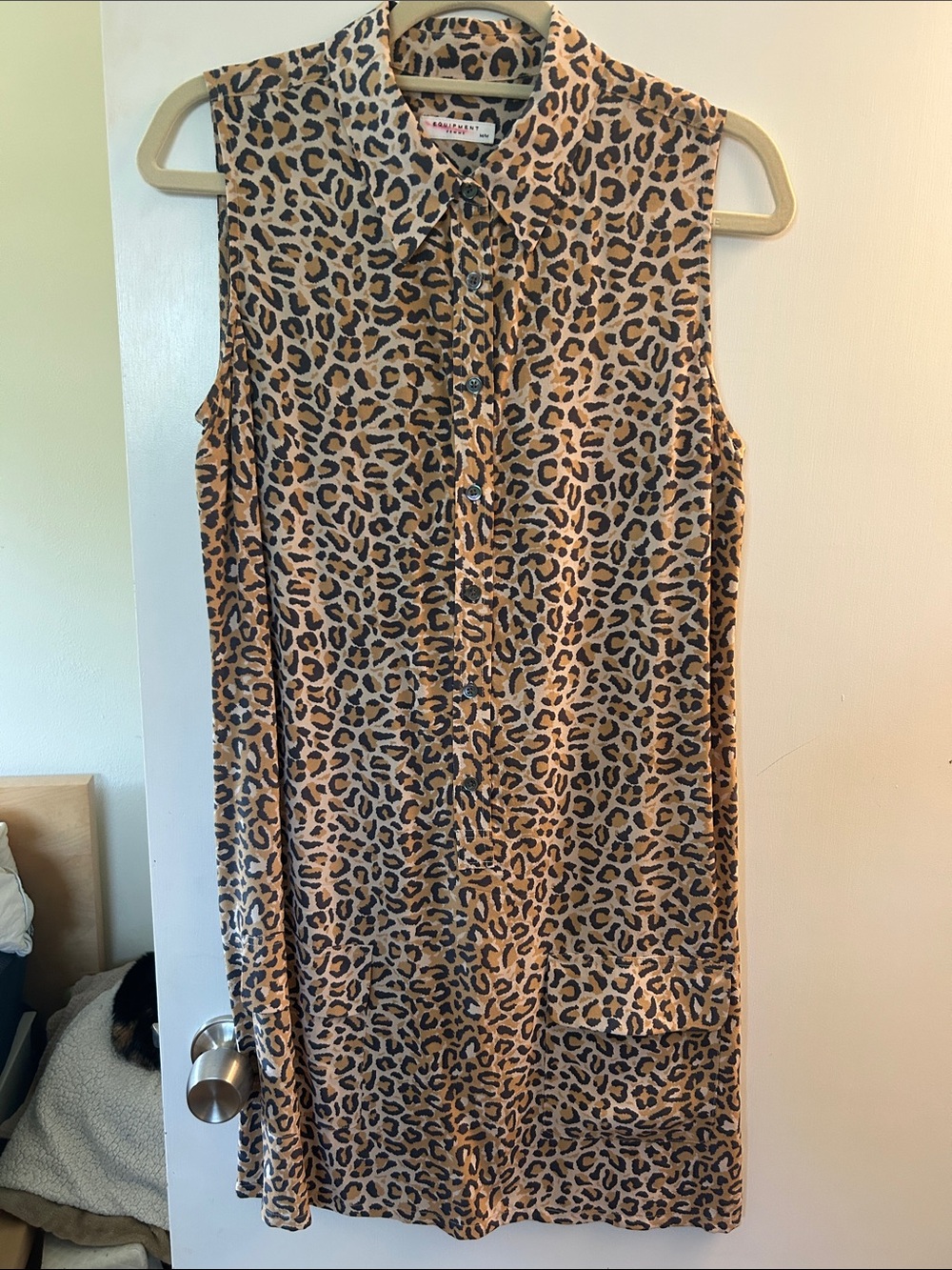 Equipment Sleeveless Leopard Print Shirt Dress in Tan and Black